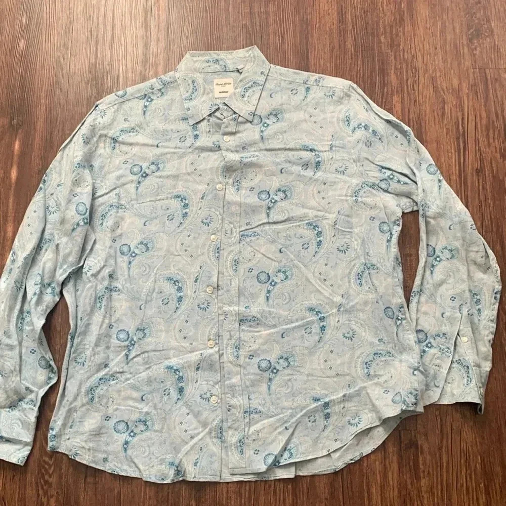Baird McNutt Linen Murano Paisley Men's Button Down Shirt Blue Large EUC